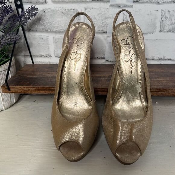 Jessica Simpson Metallic Gold Slingback Leather Heels Size 8 - Picture 3 of 6